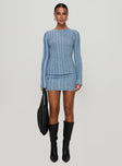 front view of model wearing Princess Polly Postcodes Long Sleeve Mini Dress Blue High Neck 