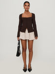 front view of model wearing Princess Polly Gaskin Long Sleeve Top Brown Full Sleeves Square Neck 