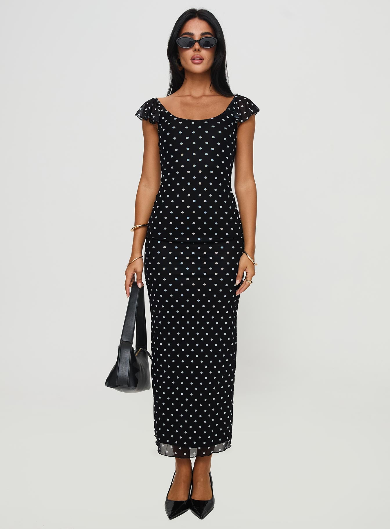 front view of model wearing Princess Polly Sandberg Maxi Dress Black Polka Dot Scoop Neck 