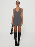 front view of model wearing Princess Polly Fenny Mini Dress Grey V-Neck 