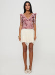 Top  V neckline, floral print, lace trim, frill detail, invisible zip fastening Non-stretch material, fully lined 