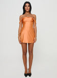 front view of model wearing Princess Polly Zabbarra Off The Shoulder Mini Dress Orange Straight Neck 