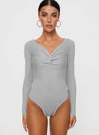 front view of model wearing Princess Polly Dimitra Twist Bodysuit Grey Full Sleeves V-Neck 