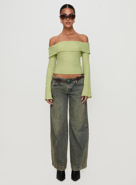 side view of model wearing Princess Polly Back With Love Off Shoulder Long Sleeve Top Green Full Sleeves straight 