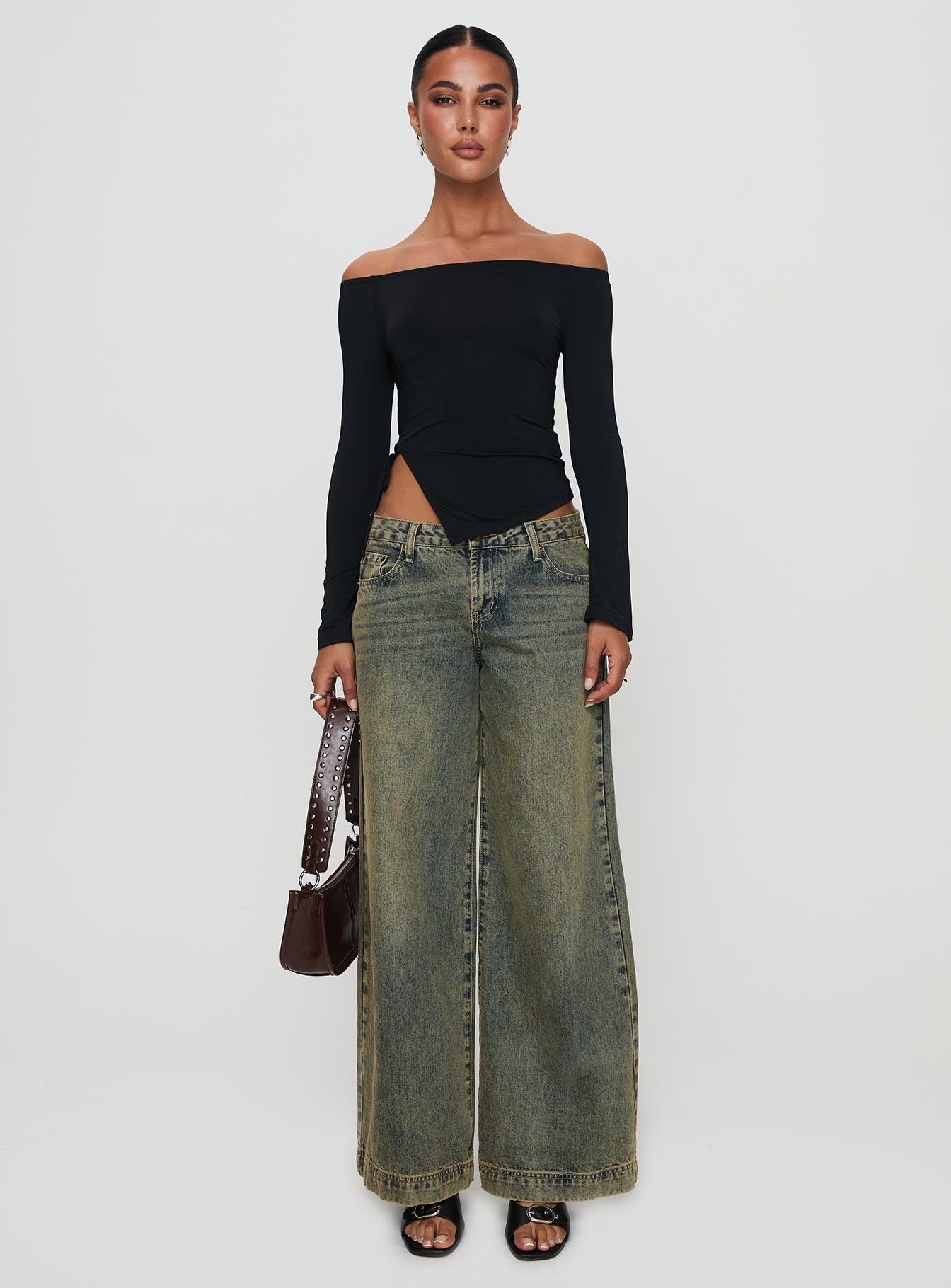 front view of model wearing Princess Polly Endellion Off Shoulder Long Sleeve Top Black Full Sleeves straight 