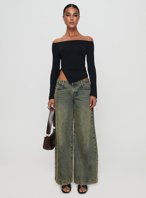 front view of model wearing Princess Polly Endellion Off Shoulder Long Sleeve Top Black Full Sleeves straight 