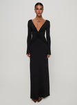 side view of model wearing Princess Polly Lezure Plunge Long Sleeve Maxi Dress Black Plunger 