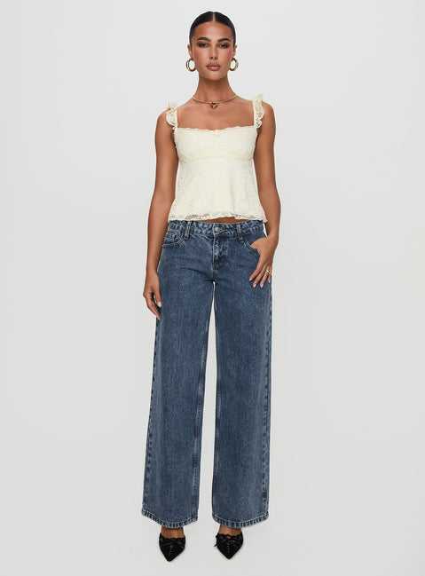 side view of model wearing Princess Polly Madaleine Lace Top Cream Sleeveless Square Neck 