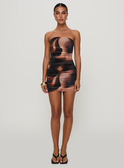 side view of model wearing Princess Polly Micah Mini Dress Brown Multi Straight Neck 