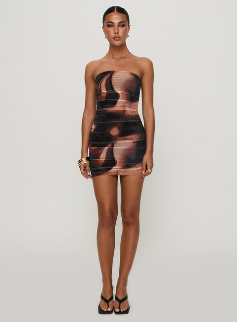 side view of model wearing Princess Polly Micah Mini Dress Brown Multi Straight Neck 