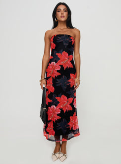 front view of model wearing Princess Polly Celik Strapless Maxi Dress Black / Floral Straight Neck 