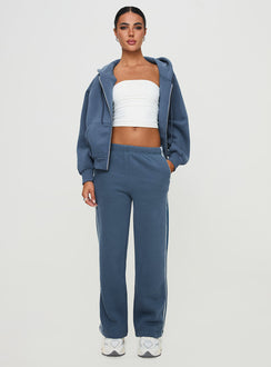 front view of model wearing Princess Polly Skiller Side Stripe Track Pants Navy High Waisted Pants 