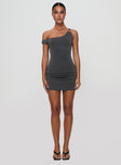 front view of model wearing Princess Polly True Desires Off The Shoulder Mini Dress Grey Asymmetric Neckline 