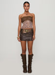   side view of model wearing Princess Polly Anarchy Faux Leather Mini Skirt Brown Mini Skirts 