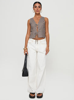 front view of model wearing Princess Polly Lishar Top Brown Stripe Sleeveless V-Neck 