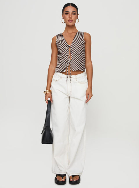 front view of model wearing Princess Polly Lishar Top Brown Stripe Sleeveless V-Neck 