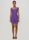 front view of model wearing Princess Polly Beacall Mini Dress Purple Square Neck 