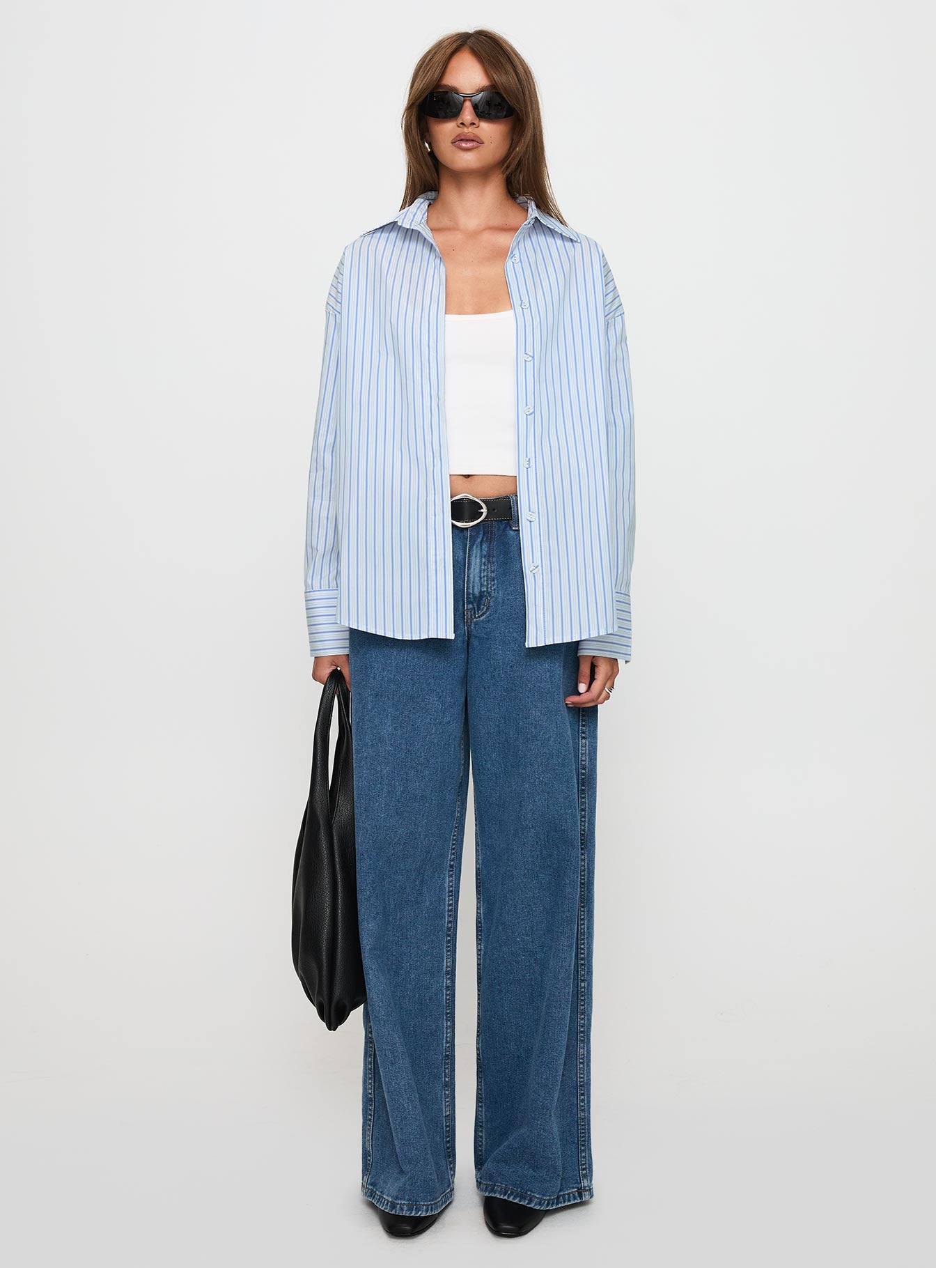 front view of model wearing Princess Polly Mallin Shirt Blue / White Stripe Full Sleeves V-Neck 