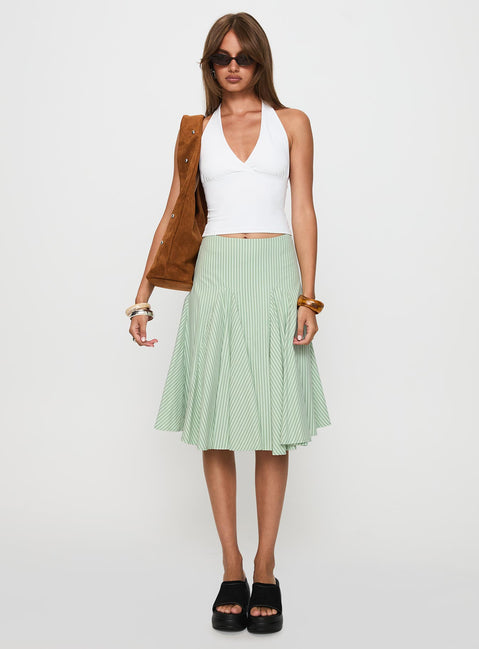   front view of model wearing Princess Polly Evangaleine Pleat Midi Skirt Green / White Midi Skirts 