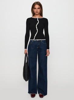 front view of model wearing Princess Polly Bring Me Closer Button Up Long Sleeve Top Black / White Full Sleeves Crew Neck 