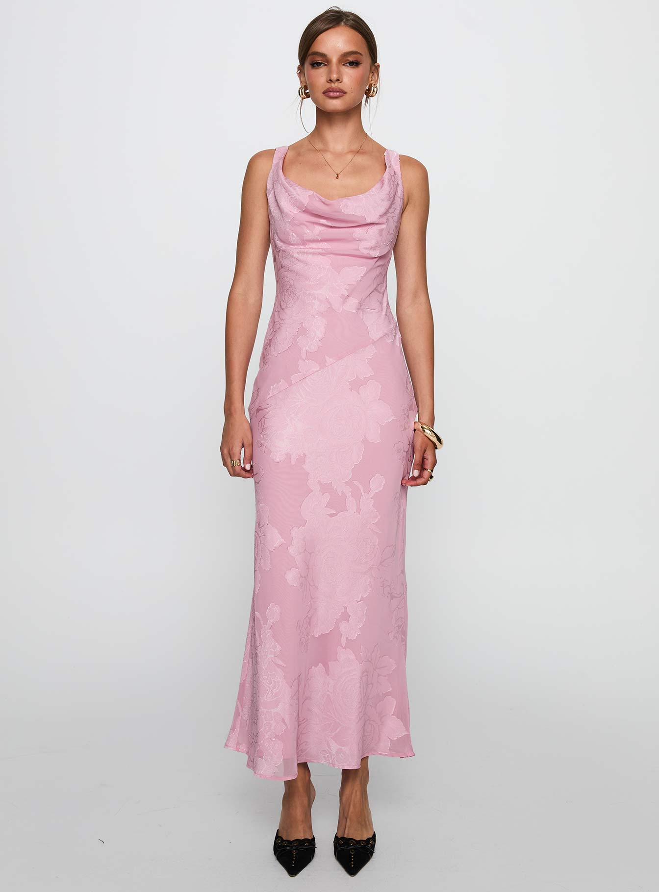front view of model wearing Princess Polly Brietta Cowl Maxi Dress Pink Cowl Neck 