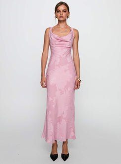 front view of model wearing Princess Polly Brietta Cowl Maxi Dress Pink Cowl Neck 