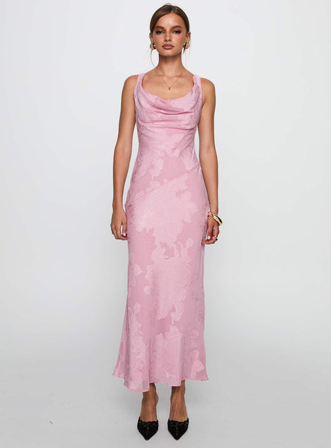 front view of model wearing Princess Polly Brietta Cowl Maxi Dress Pink Cowl Neck 