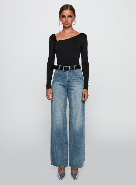 front view of model wearing Princess Polly Look This Good Backless Bodysuit Black Long Sleeve Tops 