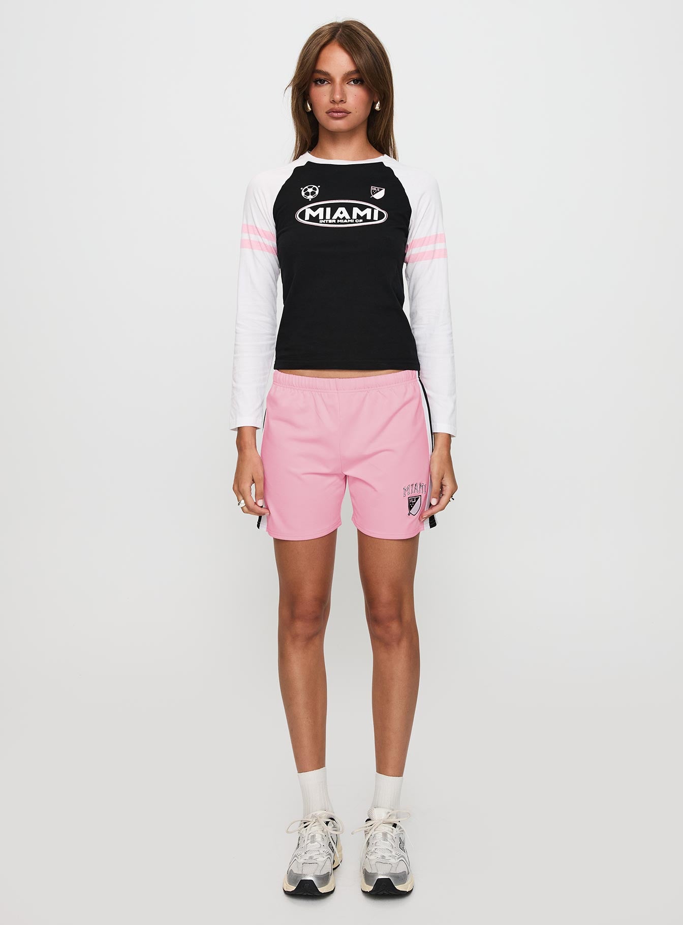 front view of model wearing Princess Polly Inter Miami Cf MLS Long Sleeve Black Full Sleeves Crew Neck 