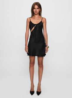 side view of model wearing Princess Polly Linger Bias Cut Dress Black V-Neck 