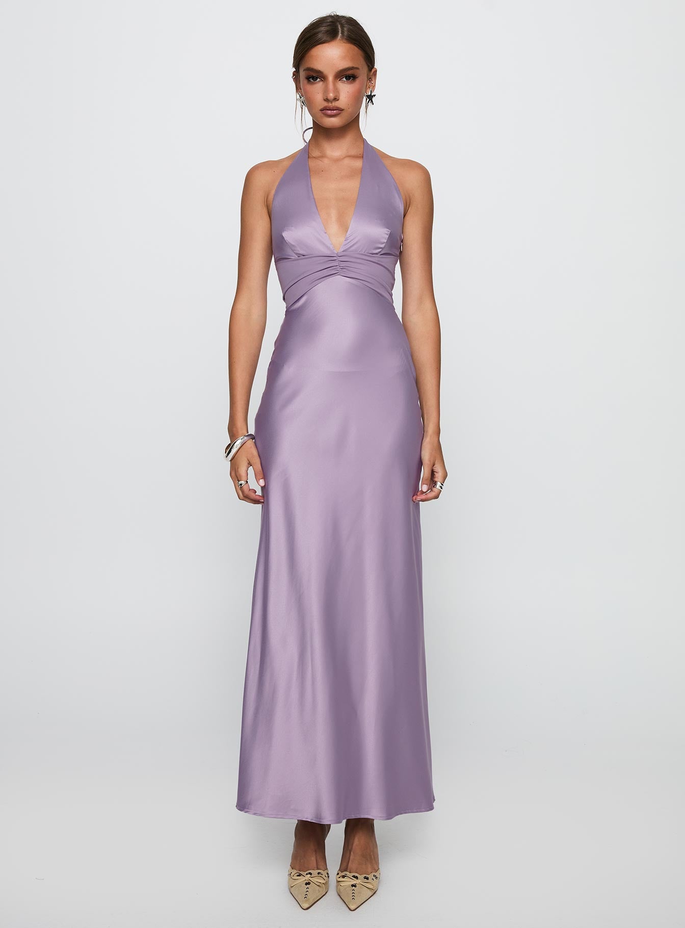 front view of model wearing Princess Polly Rousseau Halter Maxi Dress Mauve Plunger 