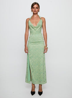 front view of model wearing Princess Polly Starfall Halter Maxi Dress Sage Cowl Neck 