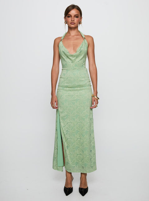 front view of model wearing Princess Polly Starfall Halter Maxi Dress Sage Cowl Neck 