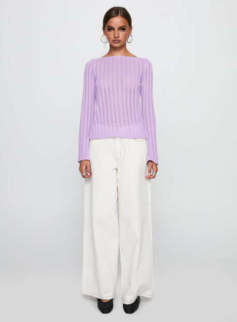 side view of model wearing Princess Polly Tuppence Ribbed Long Sleeve Top Lilac Full Sleeves Full Sleeves Boat Neck Boat Neck 