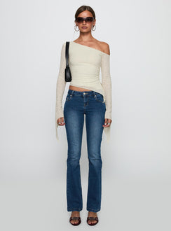 front view of model wearing Princess Polly Face Card Long Sleeve Top Cream Full Sleeves Asymmetric Neckline 