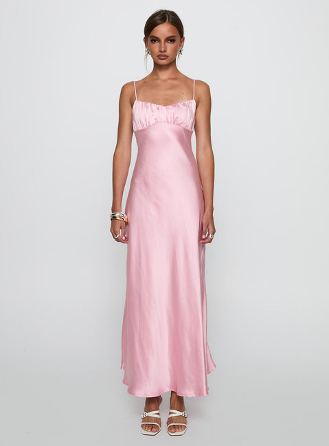 front view of model wearing Princess Polly Penelopi Maxi Dress Pink Sweetheart Neckline 