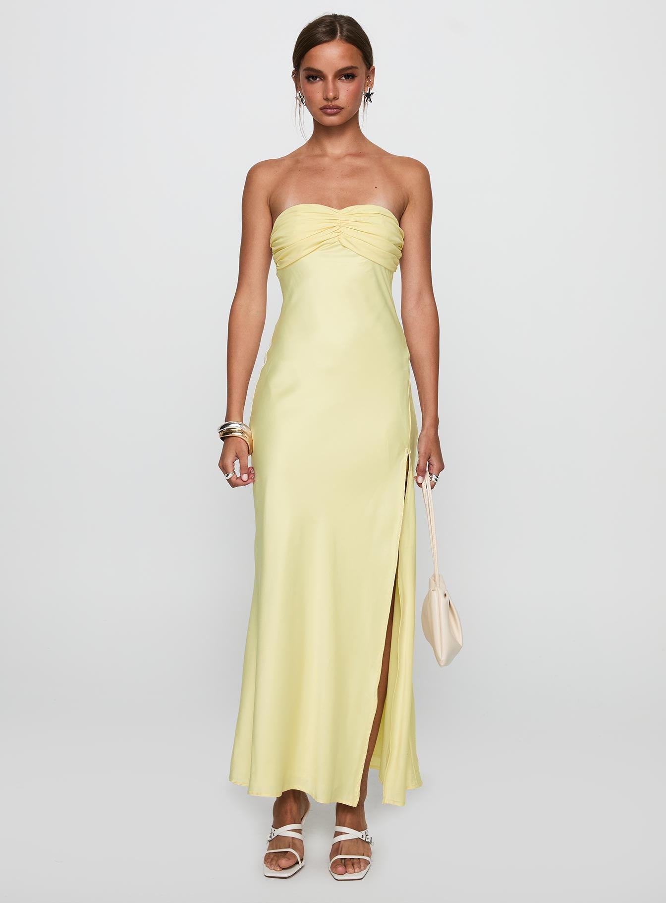 front view of model wearing Princess Polly Chevalier Strapless Maxi Dress Lemon Sweetheart Neckline 