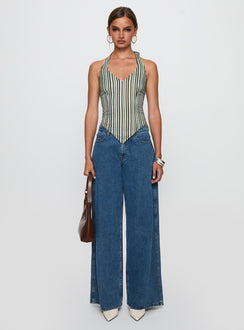 side view of model wearing Princess Polly High Gear Halter Top Multi Sleeveless V-Neck 