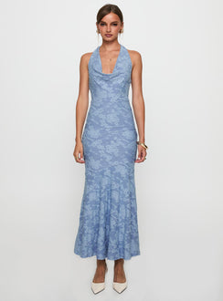 front view of model wearing Princess Polly Aymie Halter Maxi Dress Blue Cowl Neck 