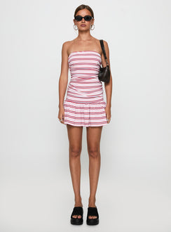 front view of model wearing Princess Polly Juicie Strapless Mini Dress Pink / White Stripe Straight Neck 