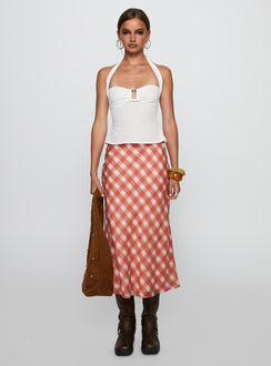   side view of model wearing Princess Polly Living Color Maxi Skirt Orange Gingham Midi Skirts 