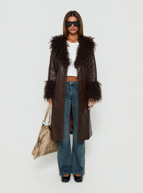 Adeliah Faux Fur Longline Jacket Brown