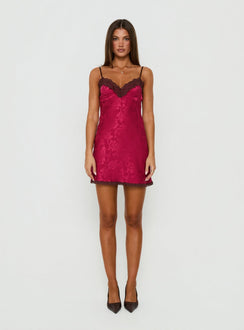 Viretta Satin Jacquard Lace Trim Mini Dress Burgundy