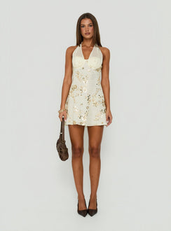 Verdanea Halter Beaded Mini Dress Gold