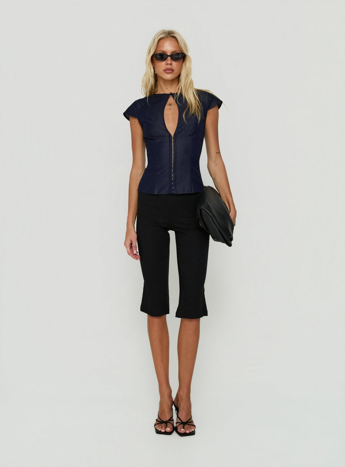 Hazalie Keyhole Detail Cap Sleeve Top Blue Denim