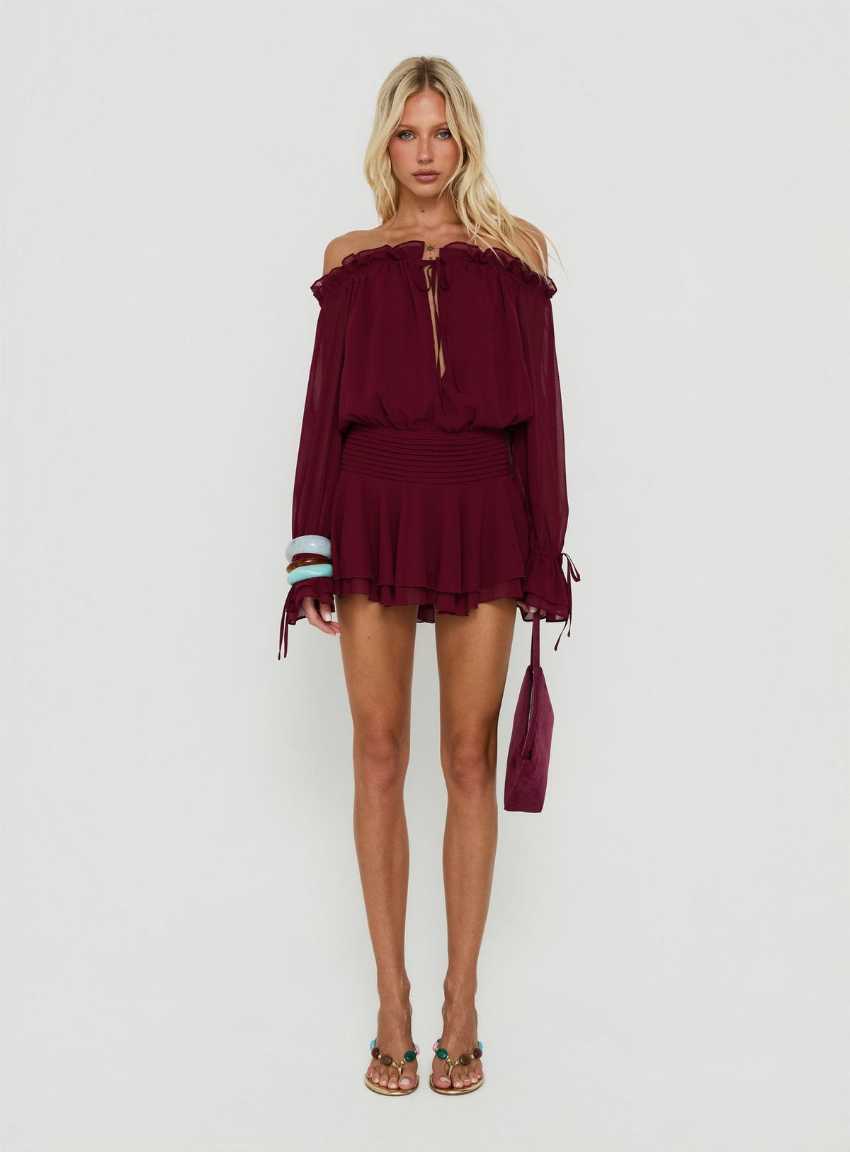 Felicita Off Shoulder Long Sleeve Chiffon Mini Dress Cherry