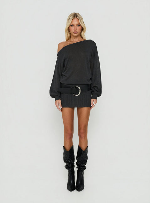 Johannah Off Shoulder Long Sleeve Knit Mini Dress Dark Grey