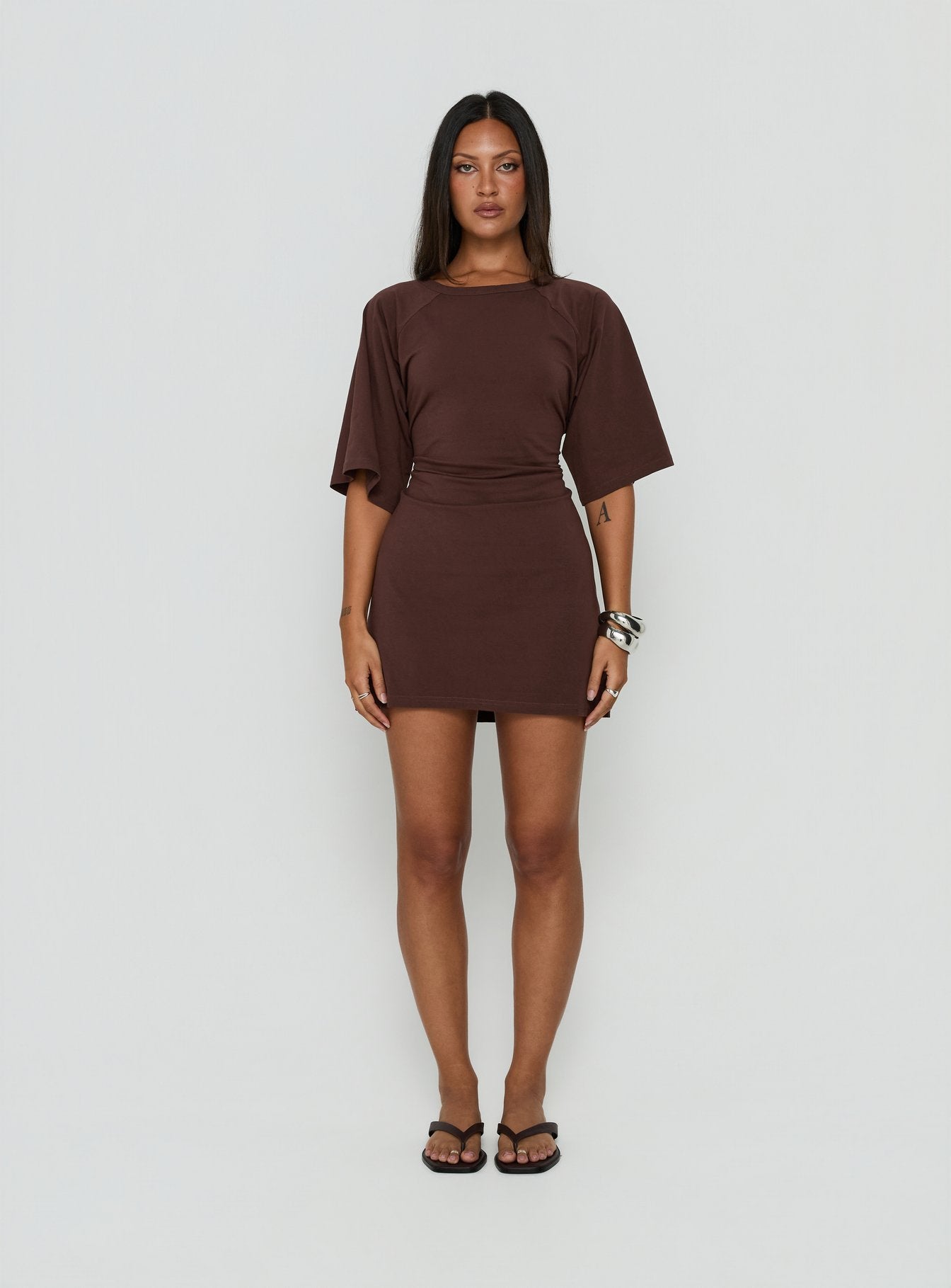 Enzia Raglan Lace Up Mini Dress Brown | Princess Polly