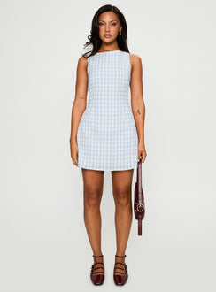 front view of model wearing Princess Polly Alfalfa Mini Dress Blue Check Crew Neck 