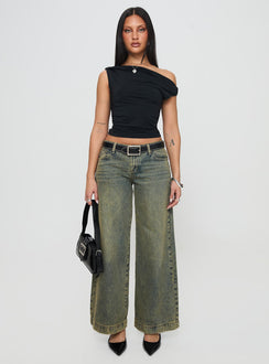 front view of model wearing Princess Polly Alckie Top Black Sleeveless Asymmetric Neckline 